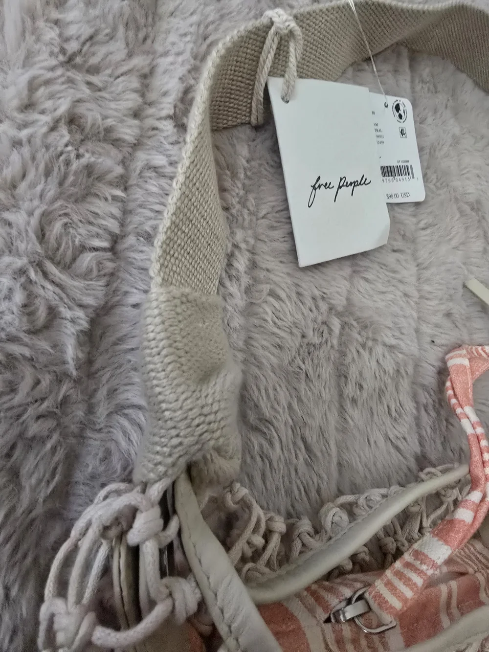Free People Cream Net Knotted Hobo Shoulder Bag Drawstring Striped Orange Lining